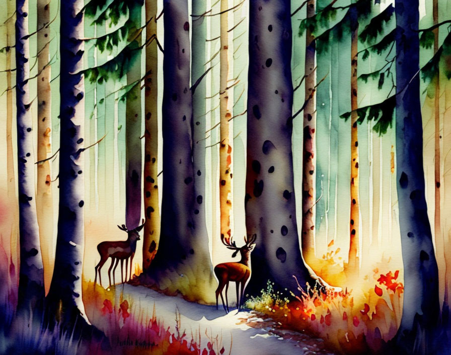 deer couple, forest, watercolor painting,