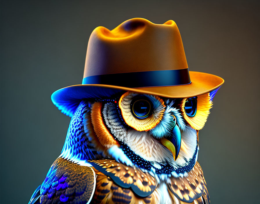Colorful Owl Illustration with Fedora Hat on Dark Background