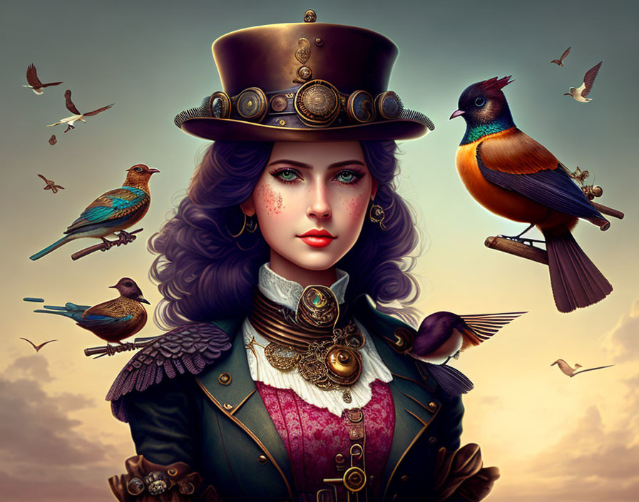 Steampunk-themed digital art of a woman in Victorian attire with birds in a dusky sky