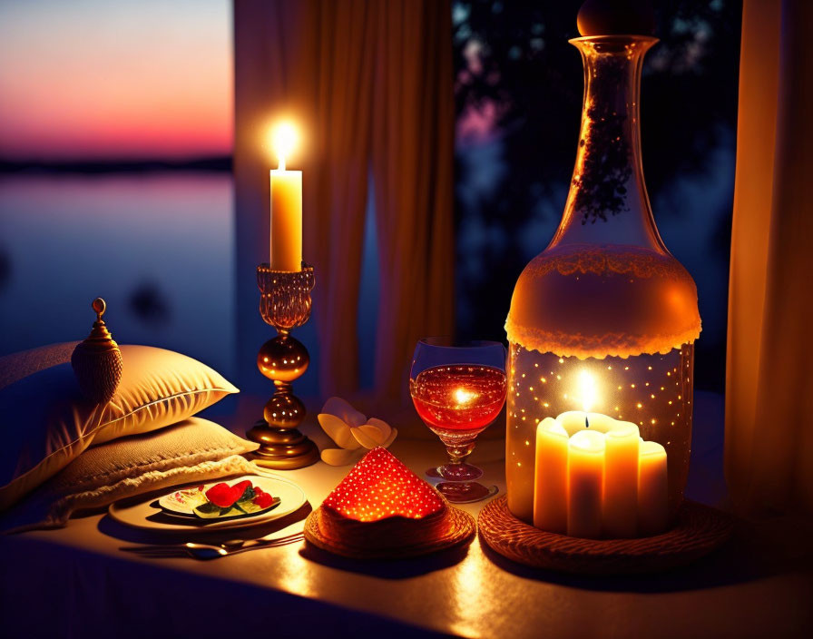 Romantic dinner setting with candles, wine glass, decanter, heart-shaped dessert