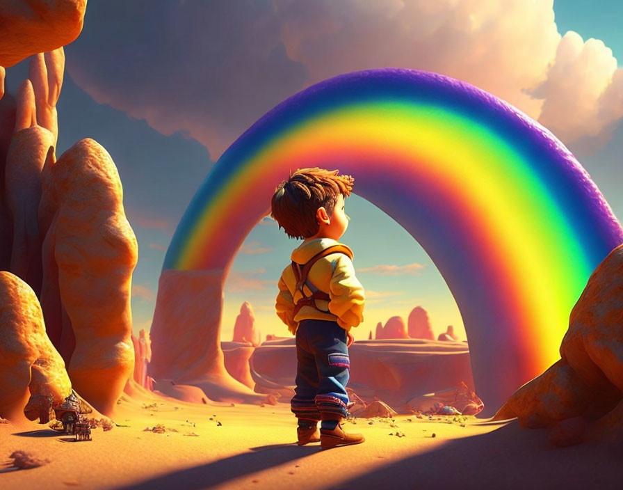 Young boy admires vibrant rainbow in desert landscape