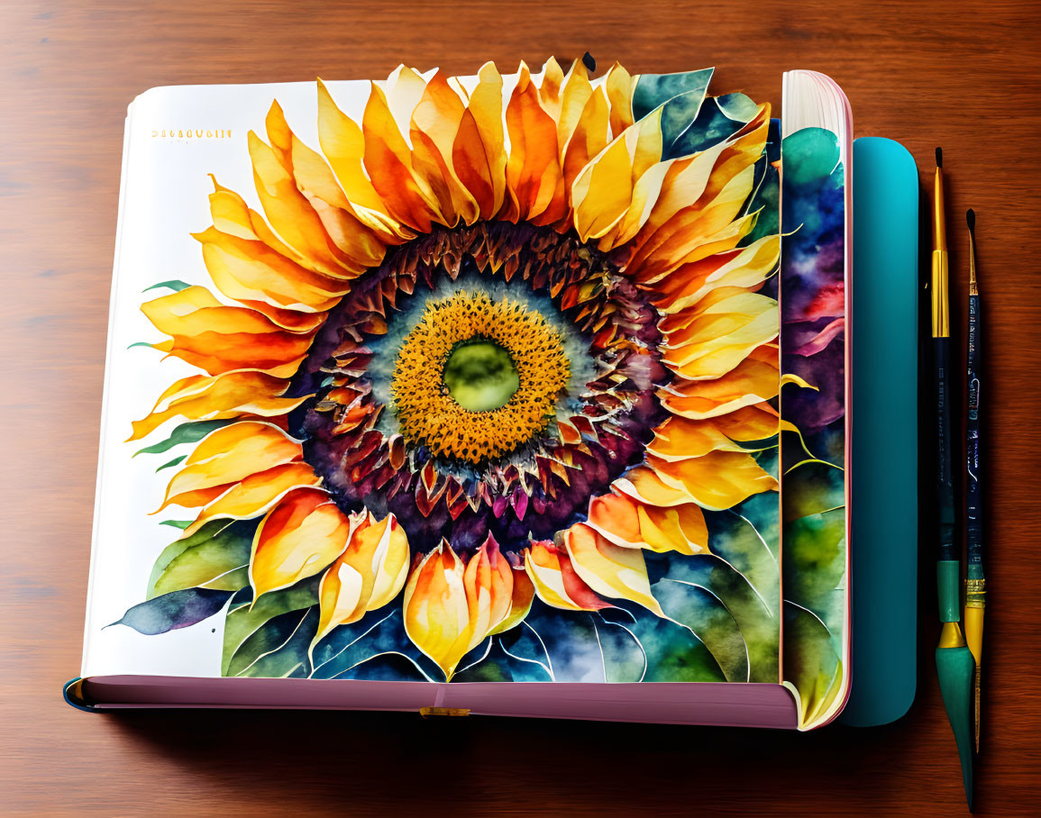 Colorful Sunflower Design Notebook with Teal Pen and Pencil on Wooden Surface