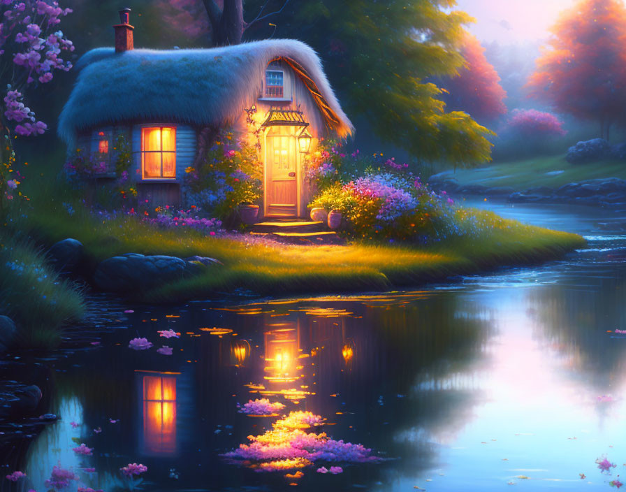 Quaint Thatched Cottage Twilight Scene with Gardens and Stream
