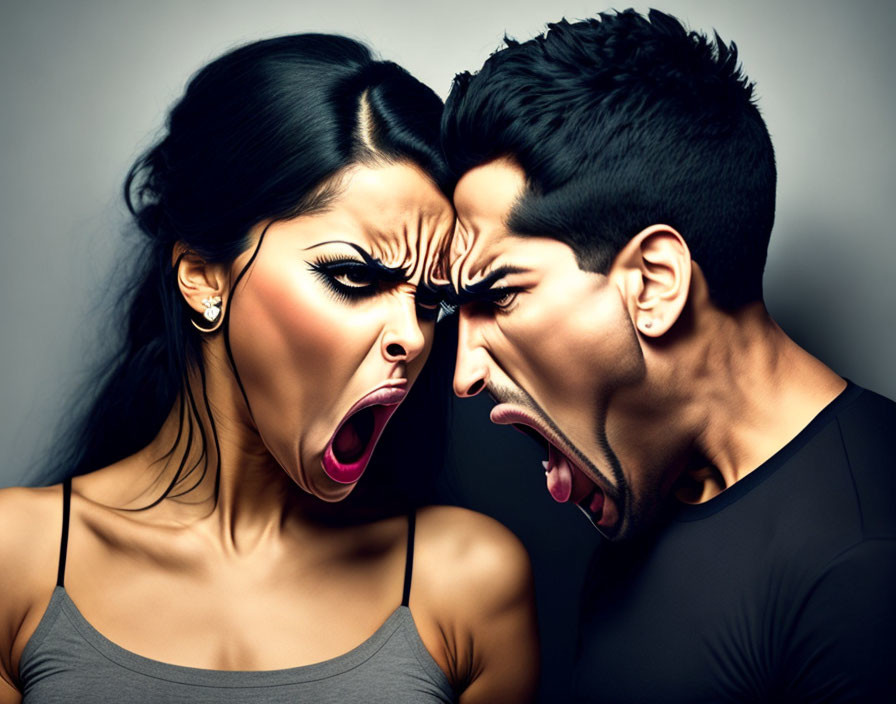 Man and woman shouting with exaggerated expressions on grey background