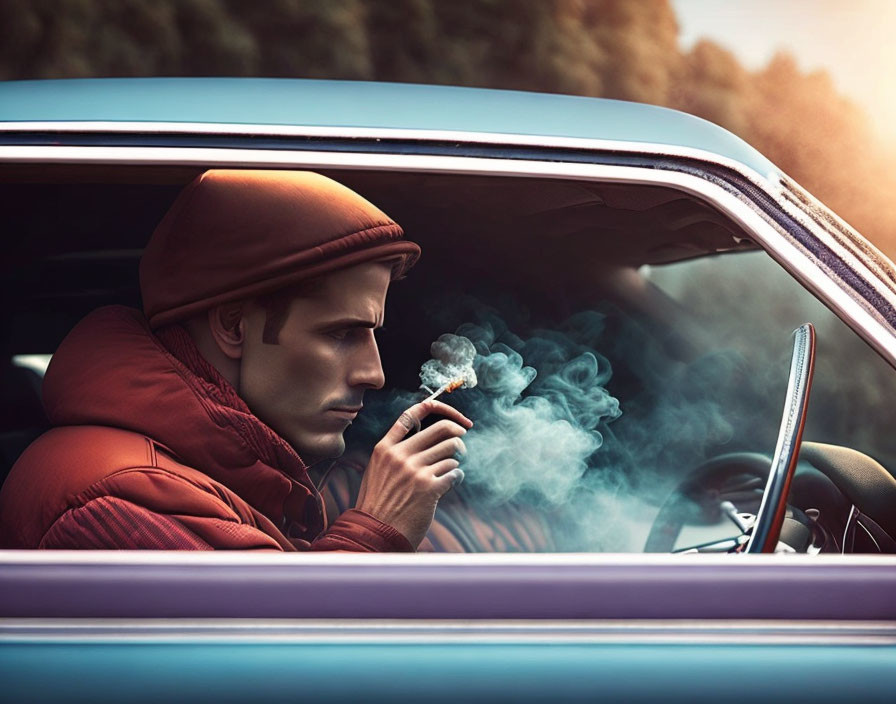 Person in Red Hoodie Smoking in Vintage Car Surrounded by Autumn Foliage