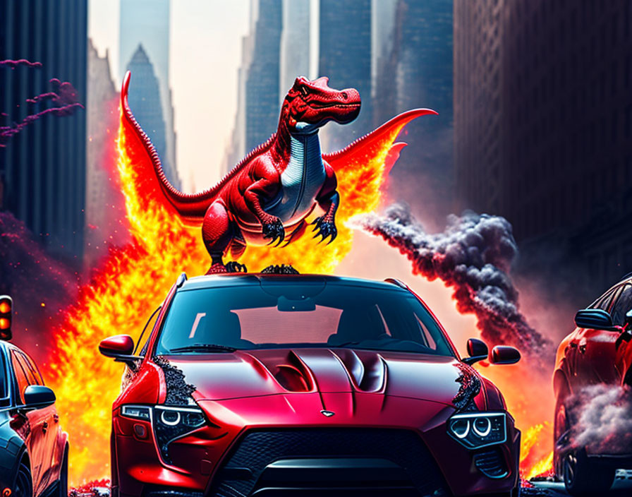 Red Dinosaur Toy on Sports Car in Urban Fantasy Scene