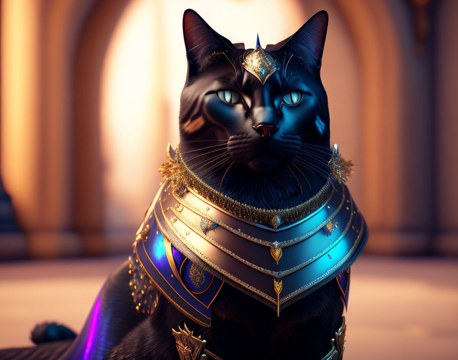 Black Cat in Golden and Blue Armor with Jeweled Headpiece