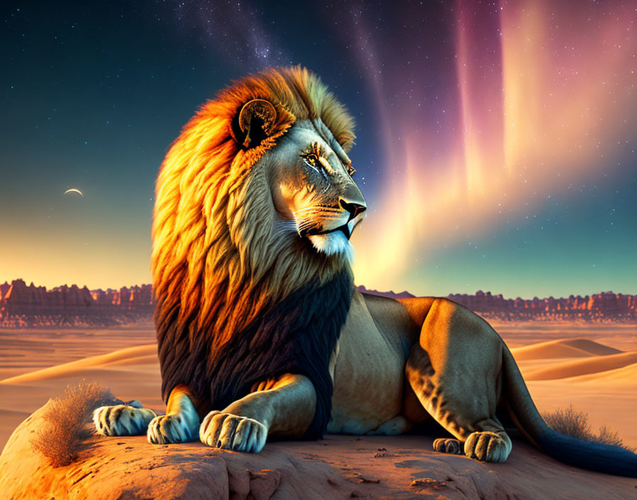 Majestic lion with thick mane under aurora borealis sky