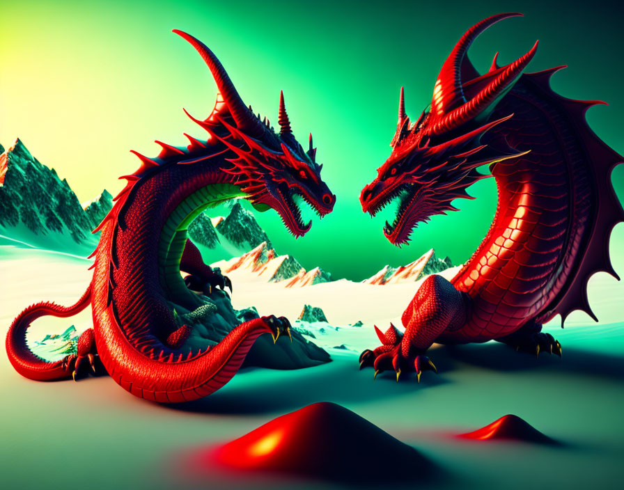 Two red dragons in icy mountain landscape under green and teal sky