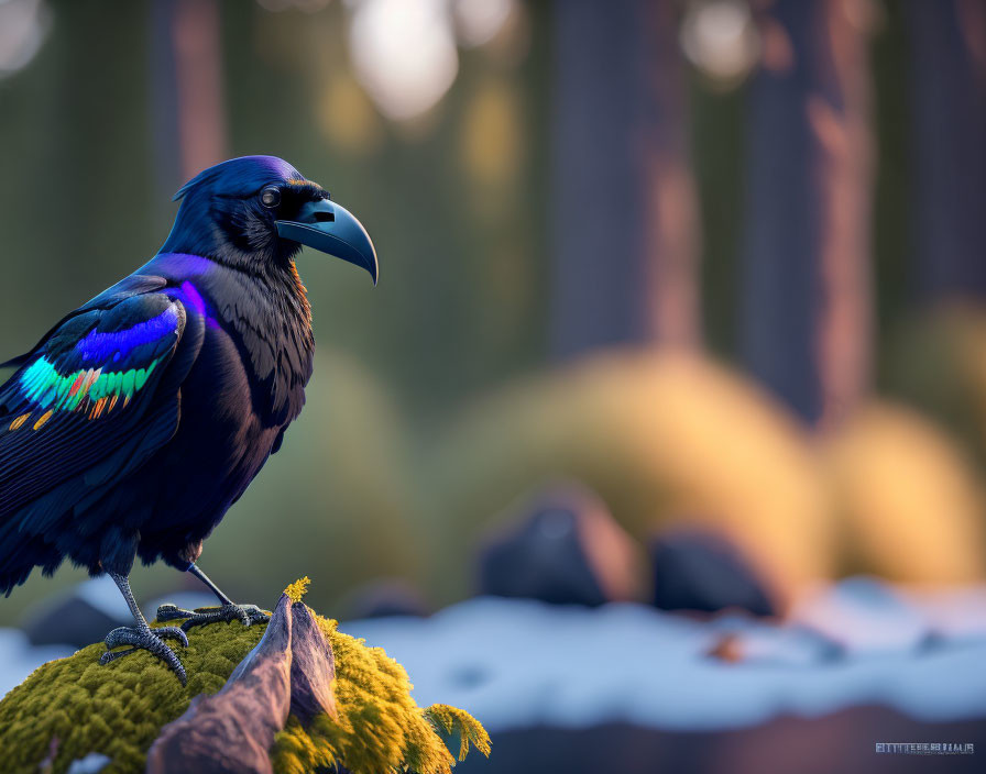 Colorful Raven on Mossy Branch in Forest Setting