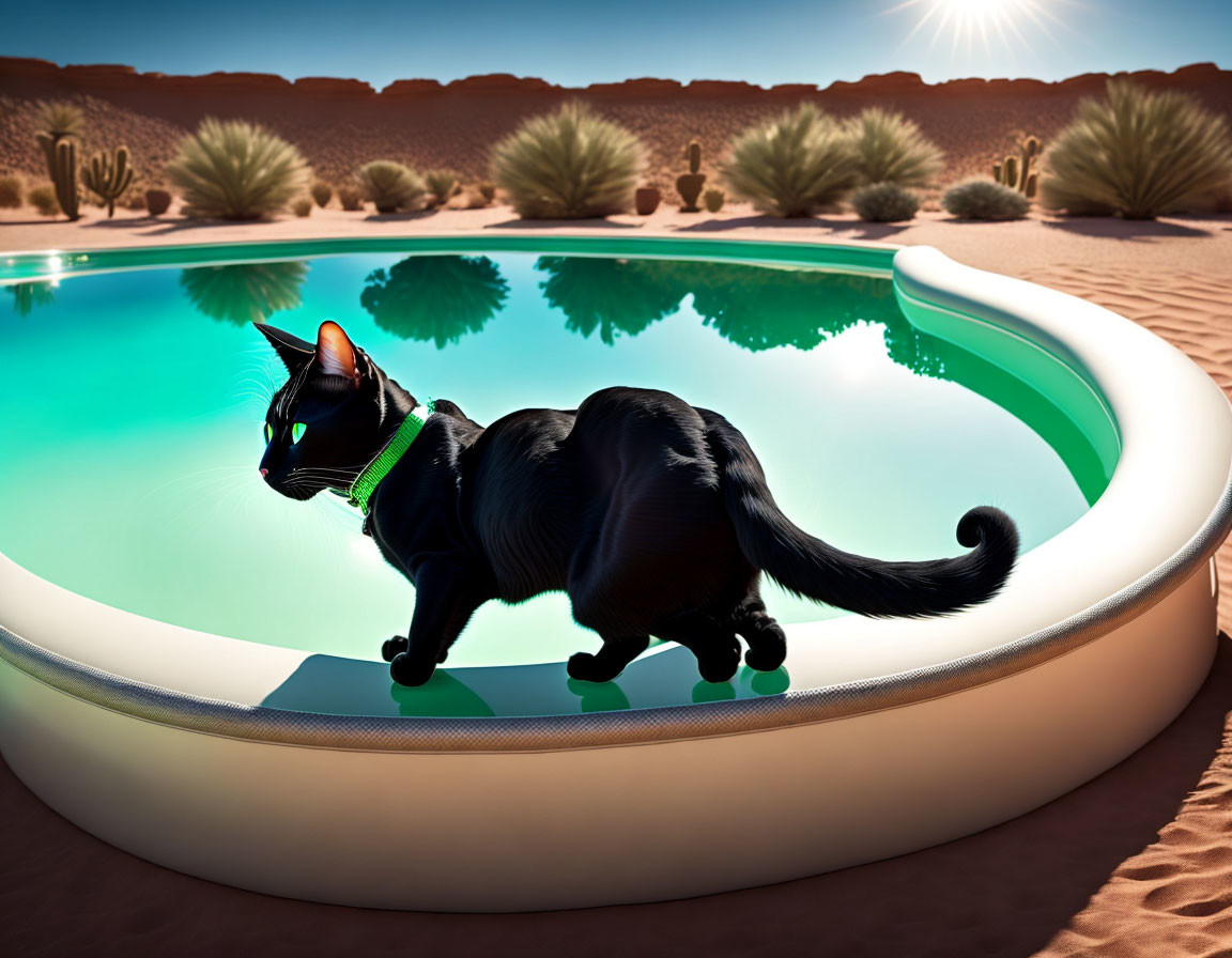 Black Cat with Green Collar by Inflatable Pool in Desert Landscape