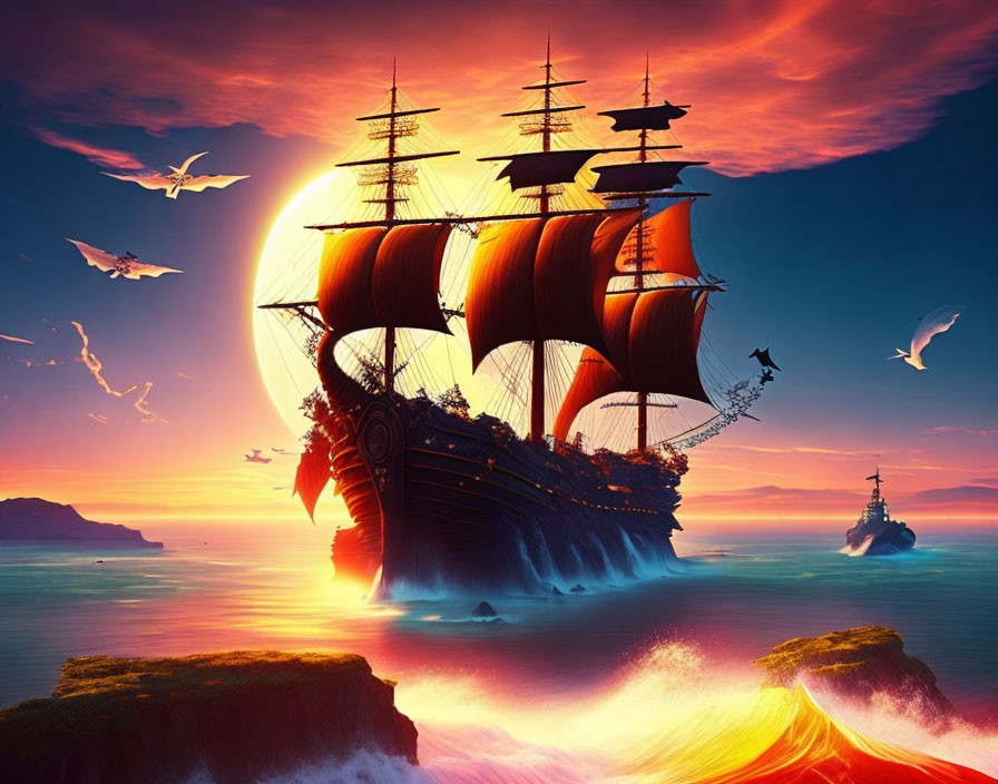 Fantastical scene of two sailing ships under dramatic sunset sky