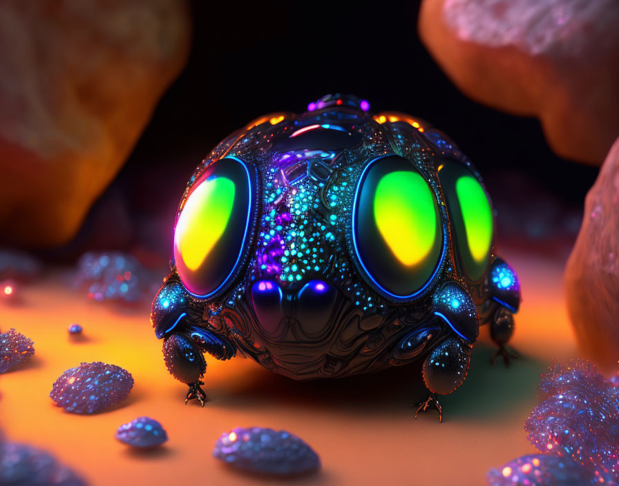 Colorful Beetle with Iridescent Shell in Surreal Orange Landscape