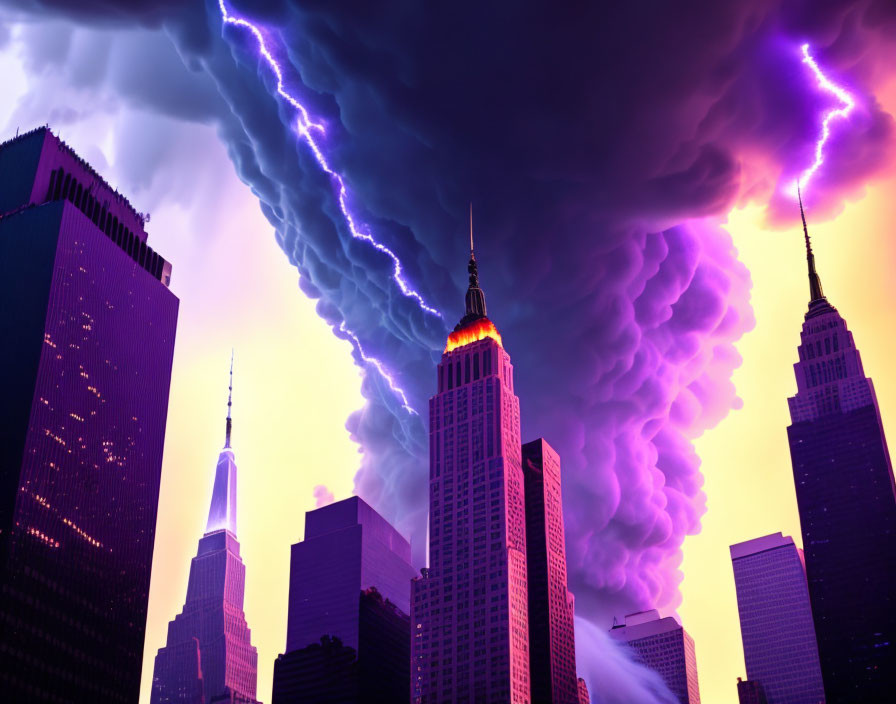 Dramatic city skyline with purple and pink clouds and lightning strikes