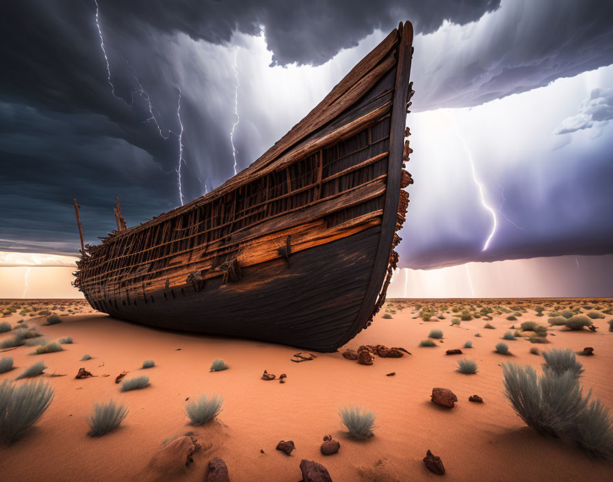 Dramatic desert shipwreck under stormy sky