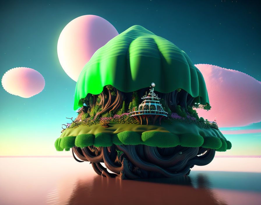 Fantastical floating island with lush greenery and white building against pink sky