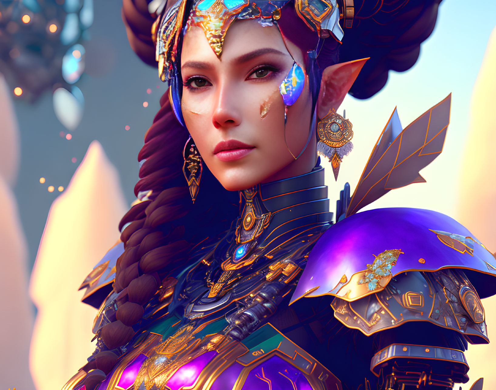 Digital artwork of woman in fantasy armor with gold accents and jewels