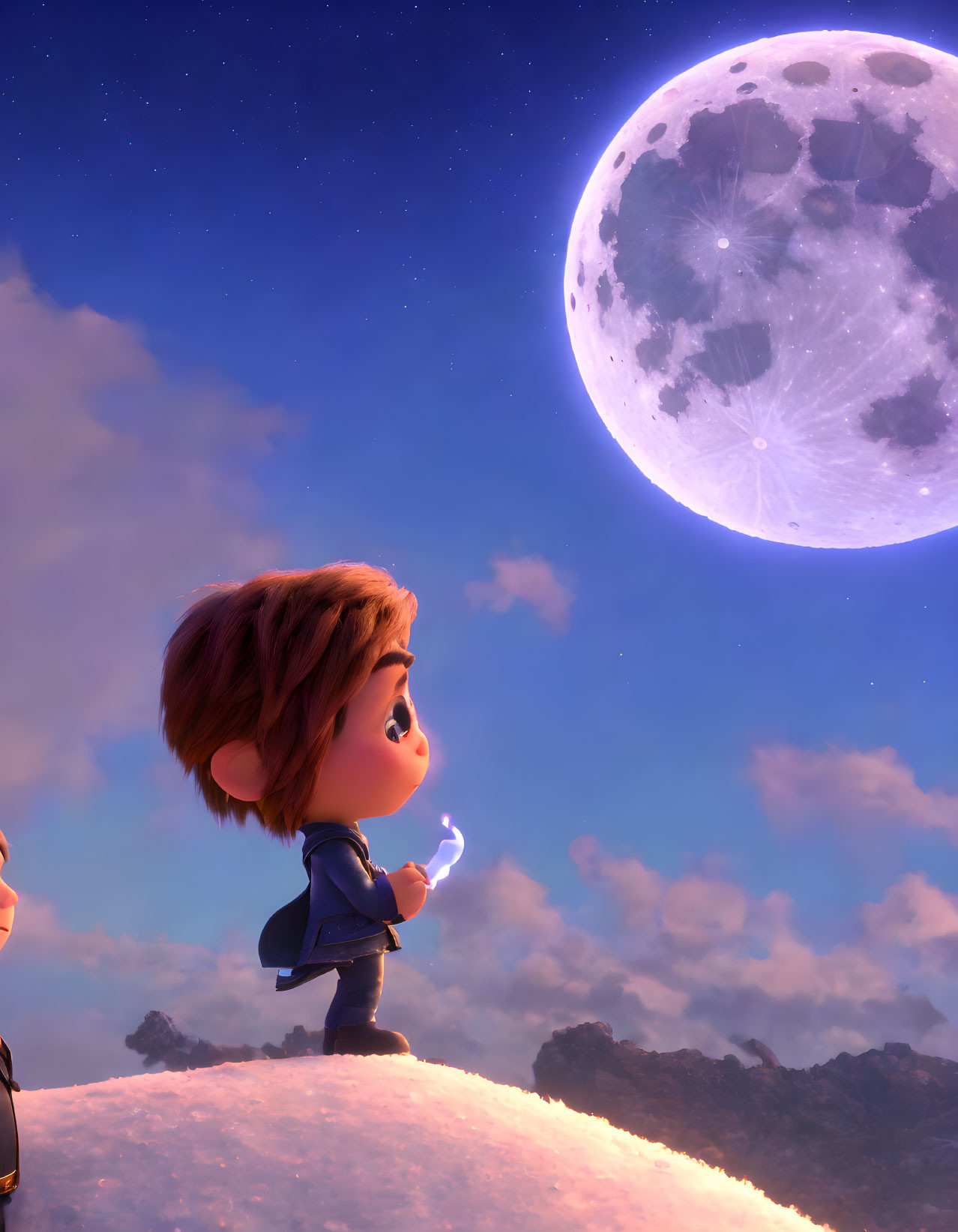 Child on hilltop gazes at large moon in twilight landscape