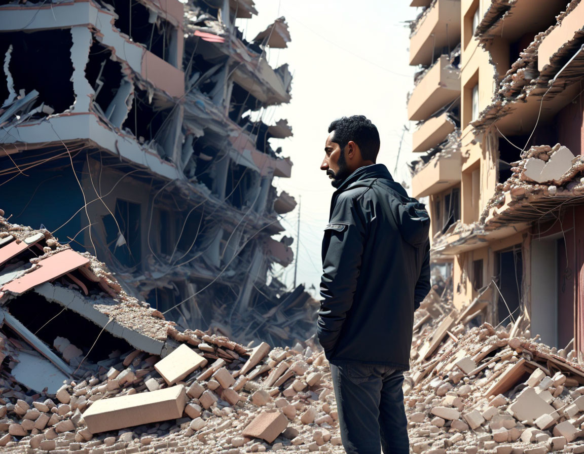 Man surveys collapsed buildings in debris aftermath