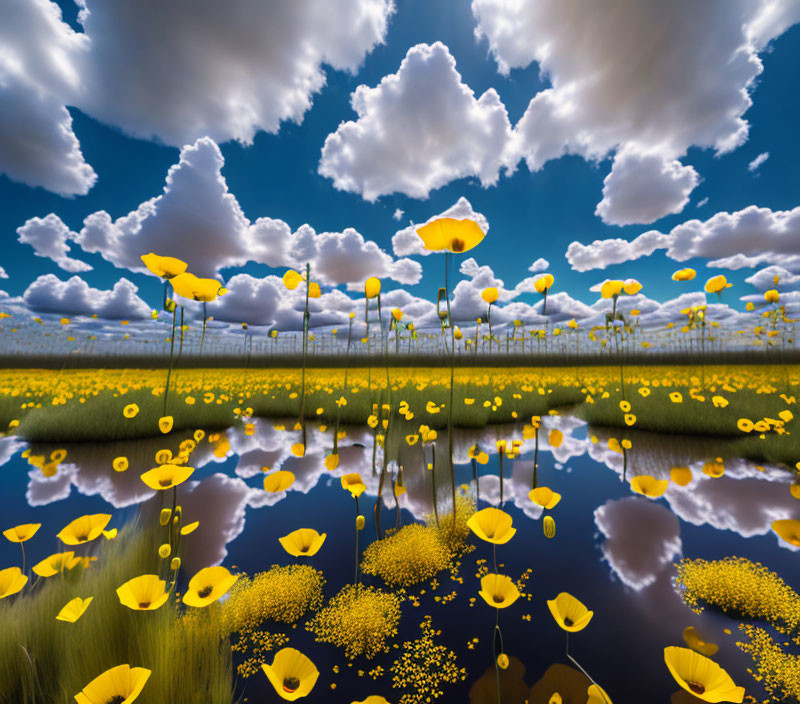 Yellow poppies field with water reflection under blue sky
