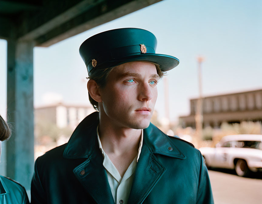 Young man in green uniform gazes with vintage car and structure in background