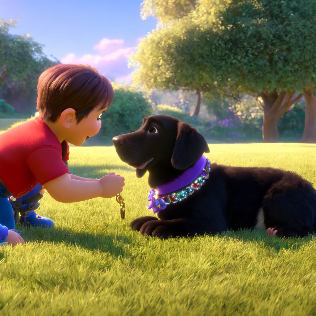 Boy in red shirt offers key to black dog with purple collar in sunny garden