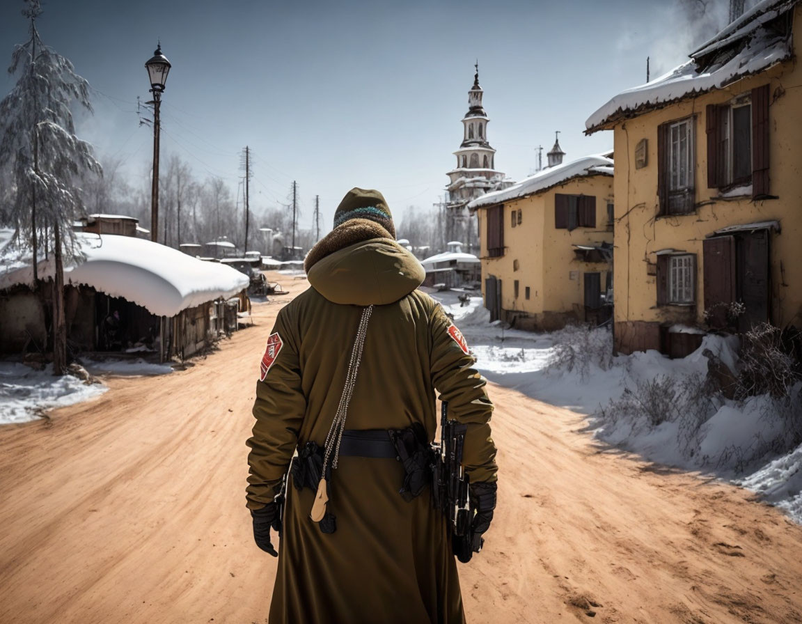 Winter military uniform figure on snowy path with old yellow buildings and tower.