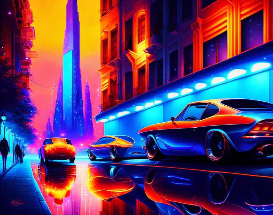 Neon-lit street scene with futuristic cars and luminous skyline