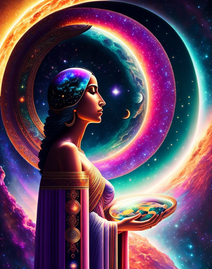 Cosmic-themed woman artwork with Earth depiction on vibrant celestial background