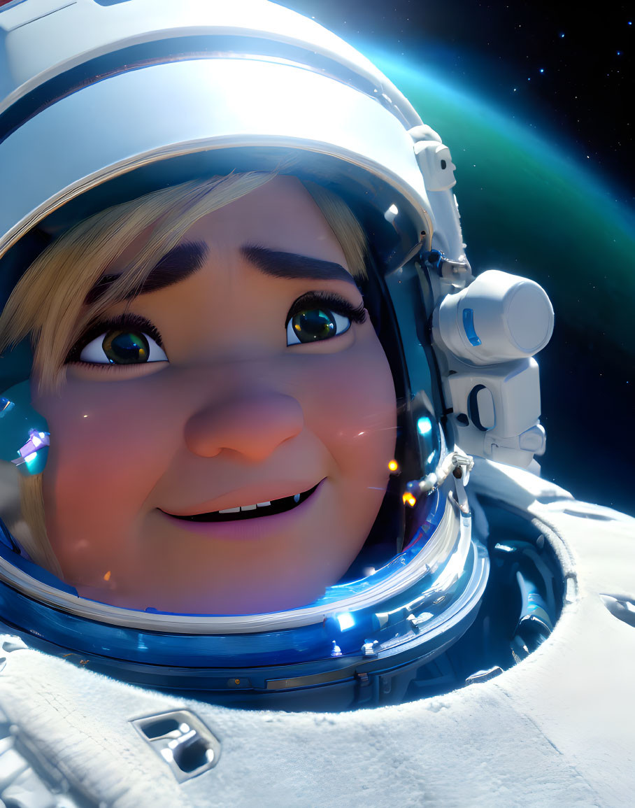 Joyful animated astronaut in space helmet with starlight reflections