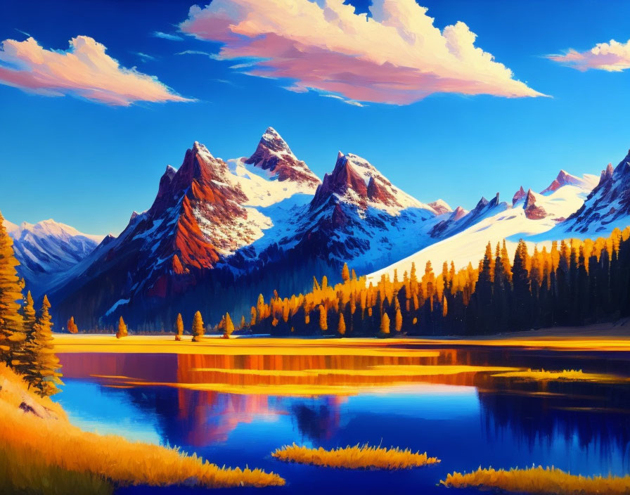 Scenic landscape: snow-capped mountains, autumn forests, and calm lake.