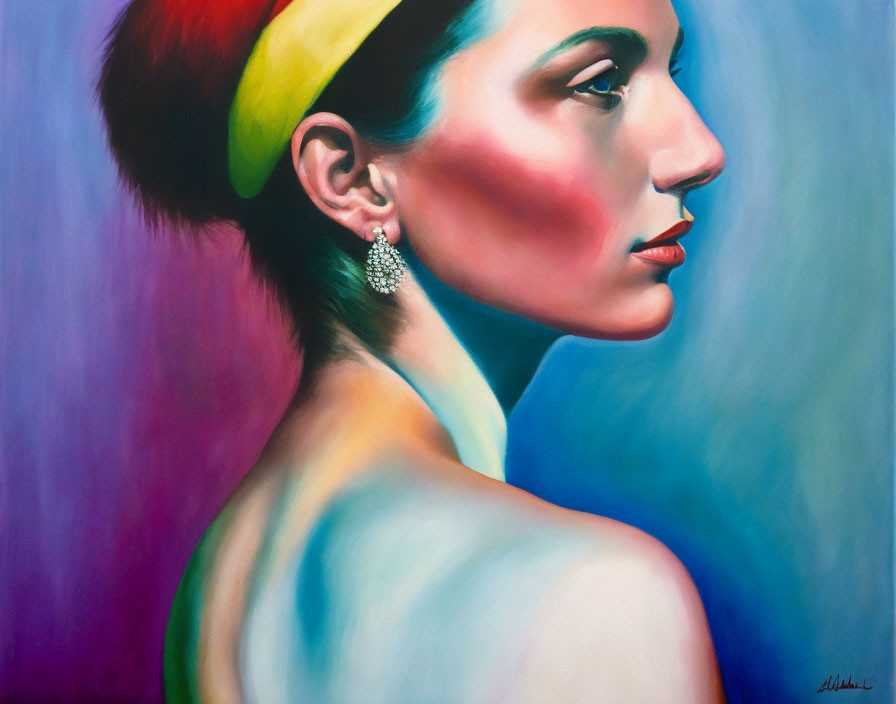 Vibrant profile portrait of a woman with yellow headdress and colorful background