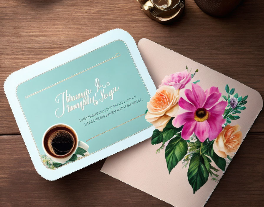 Floral-themed Thank You card with coffee cup on wooden table