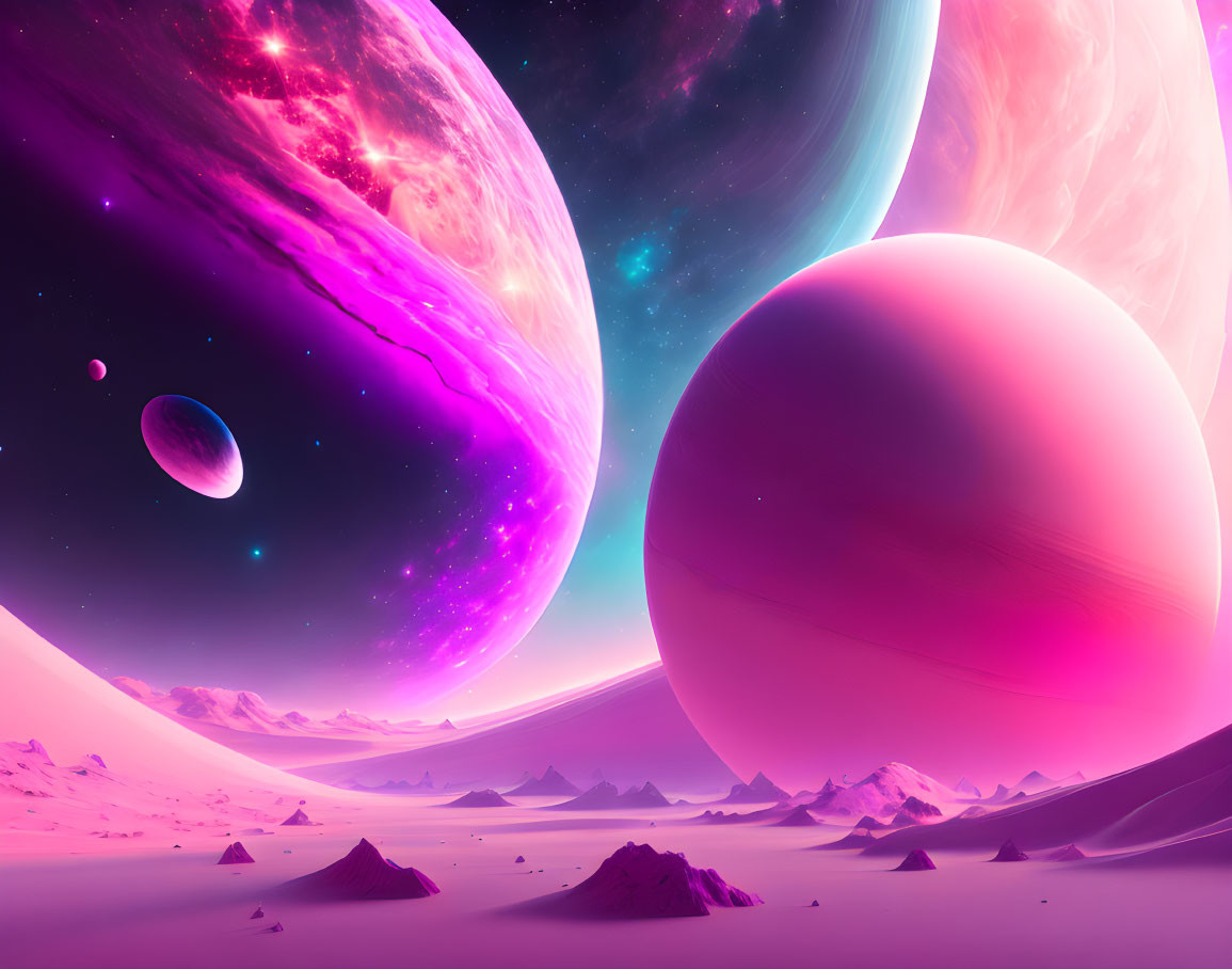 Colossal alien planets in surreal sci-fi landscape