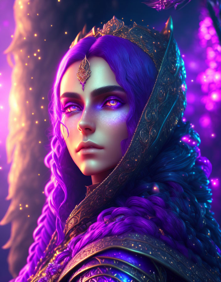 Digital artwork: Female character with purple skin, golden headpiece, ornate armor, and mystical background