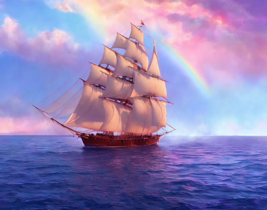 Tall ship with multiple sails on ocean under rainbow sky