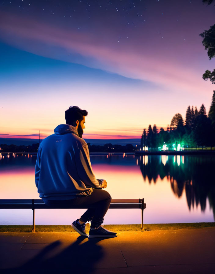 Person sitting on bench by lake under starry twilight sky, reflecting warm sunset hues.