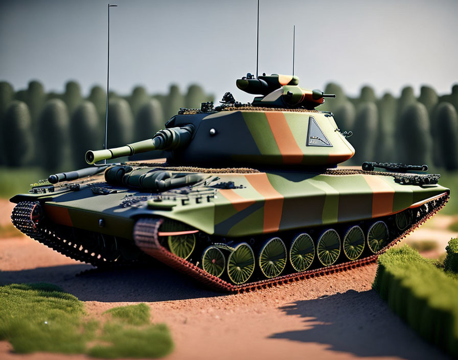 Modern Tank with Green and Beige Camouflage and Large Cannon on Blurred Background