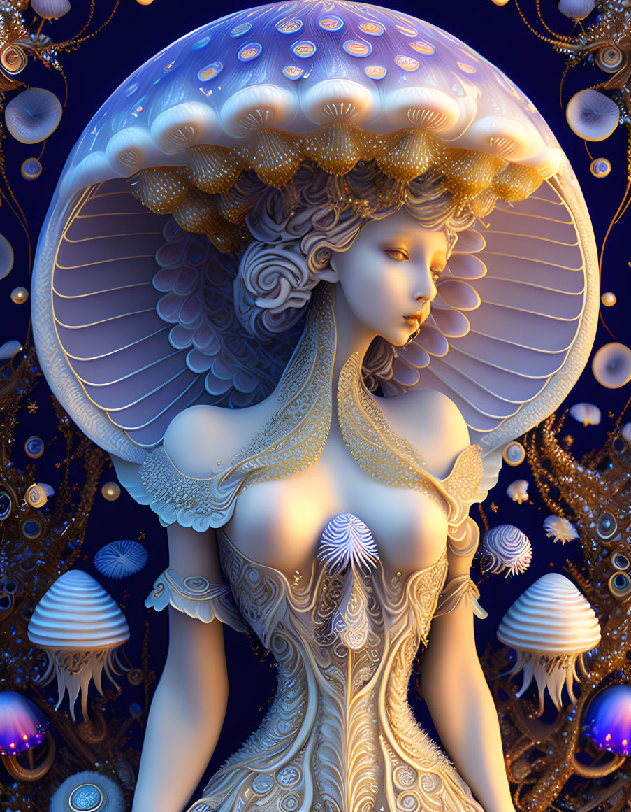 Surreal feminine figure with jellyfish features and marine elements on dark blue backdrop