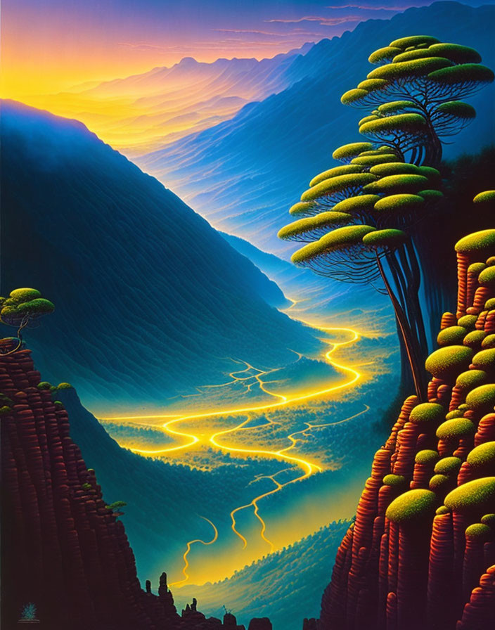 Fantastical landscape with glowing river paths and mushroom-shaped trees at sunrise or sunset