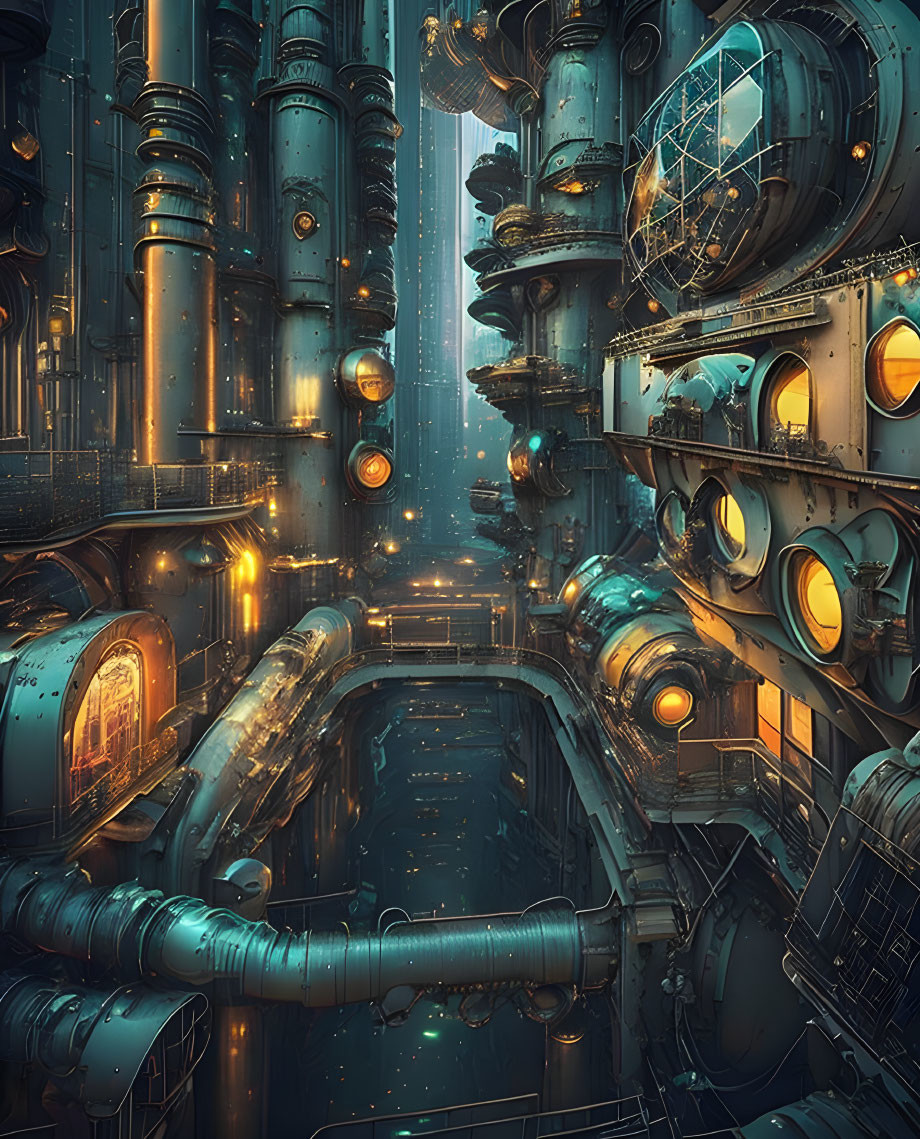 Steampunk cityscape with pipes, gears, orbs, and map projection in golden light