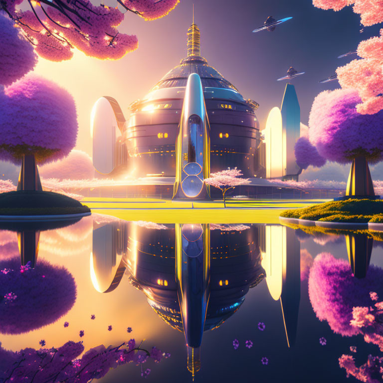 Futuristic cityscape with cherry blossoms, reflective surfaces, dome structure, sleek buildings, and