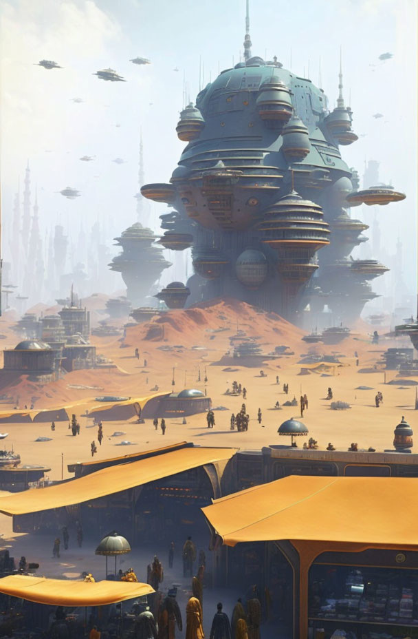 Futuristic desert cityscape with floating structures and advanced vehicles