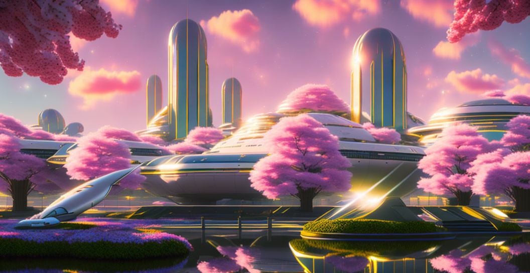 Futuristic cityscape with cherry blossom trees, sleek buildings, and hovering train in pink and purple