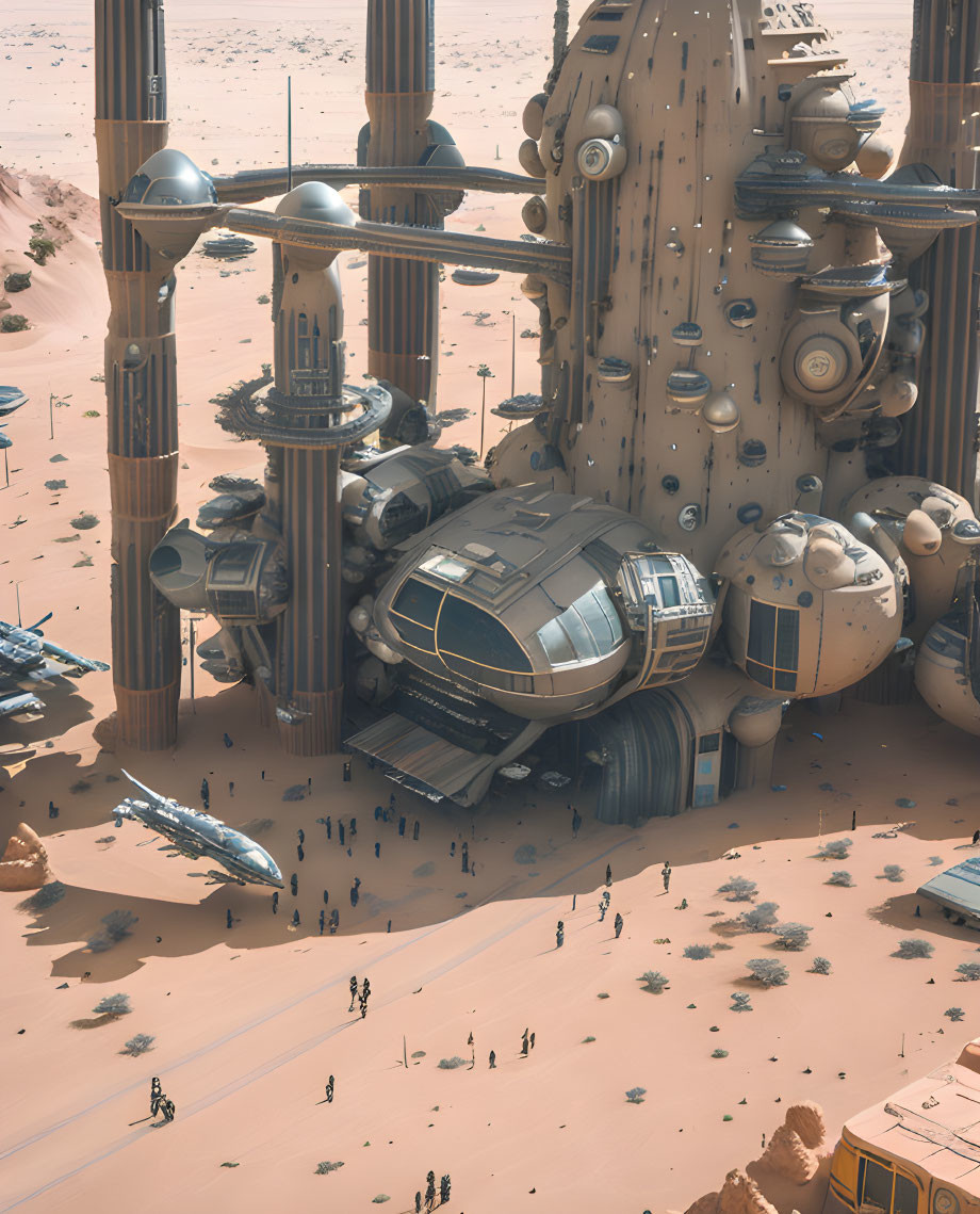 Futuristic spherical structure in desert with small figures and scattered ships