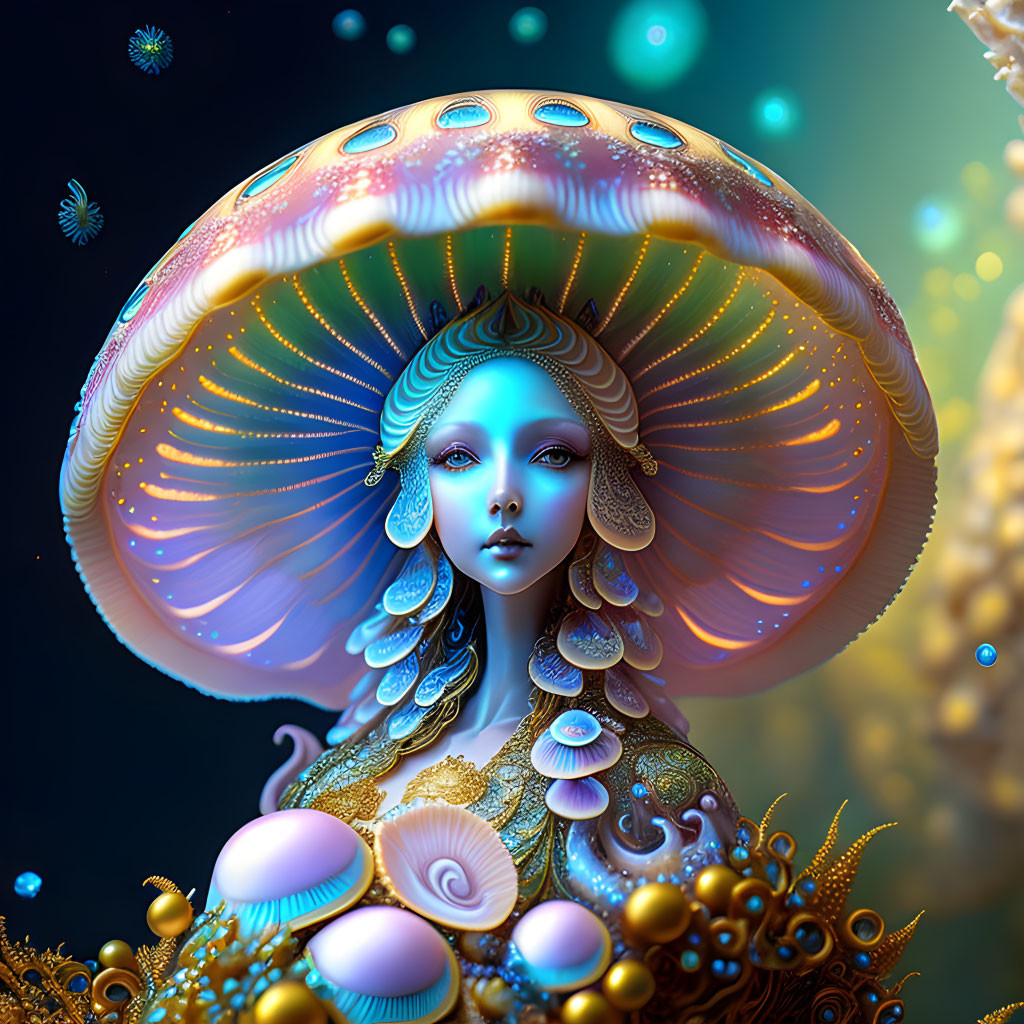 Surreal female figure with ornate mushroom cap headpiece in blue and gold
