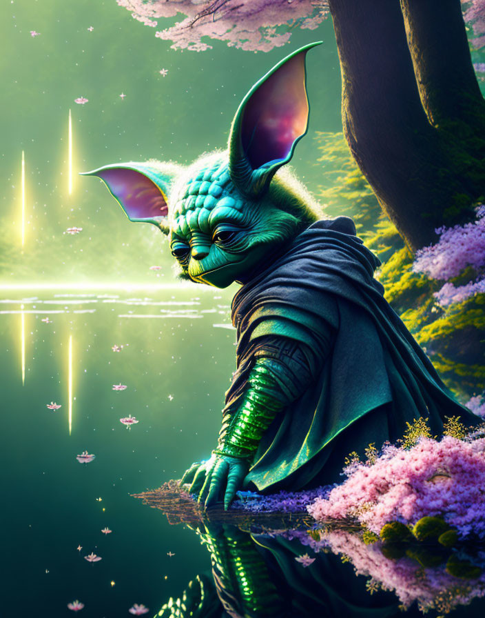 Digital Art: Yoda-like Character in Green Forest with Pink Blossoms