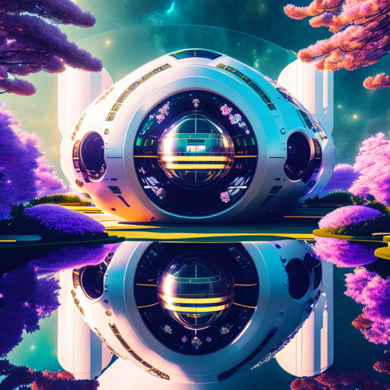 Futuristic spherical structure with glowing core above alien flora
