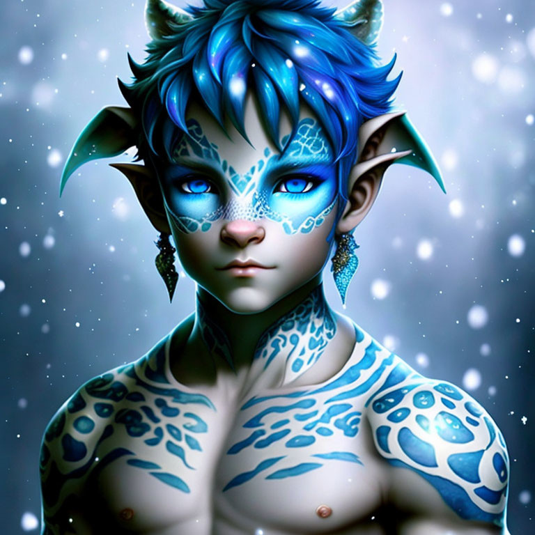 Blue-skinned fantasy creature with tribal tattoos and glowing blue hair