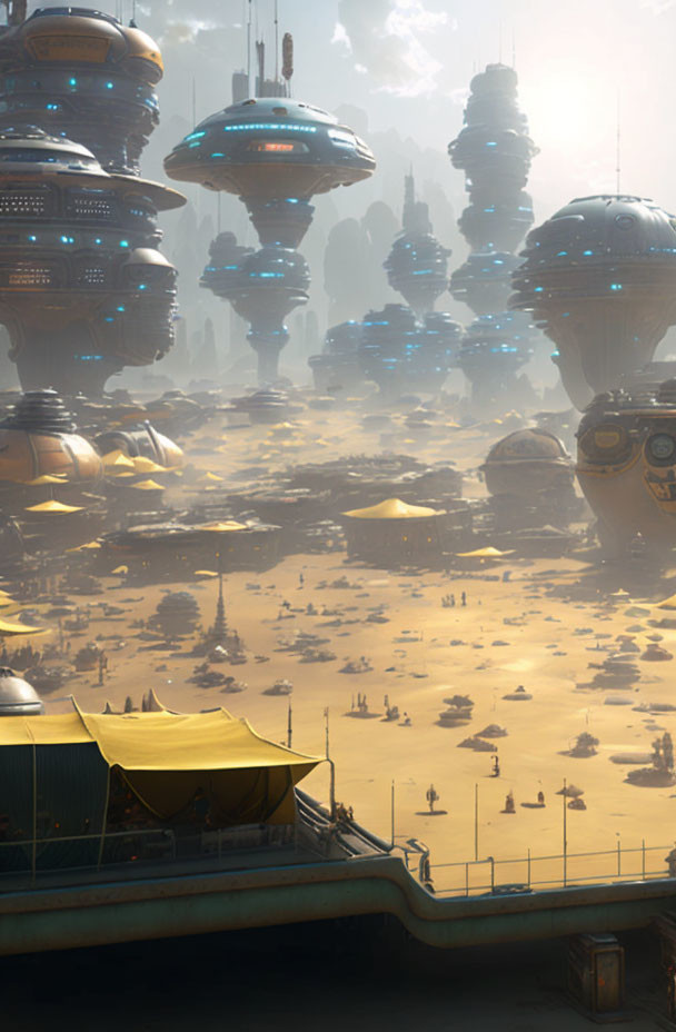 Futuristic cityscape with dome-shaped structures and flying vehicles on desert terrain